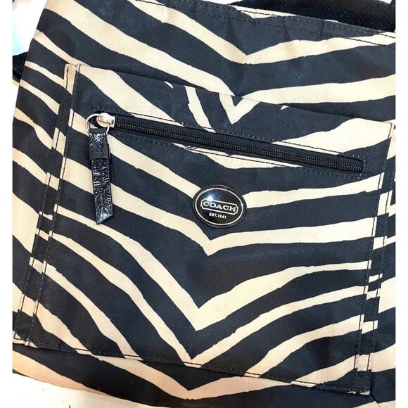 Authentic Coach Crossbody Bag Purse Nylon Zebra Print Black Tan COA Entrupy Logo - Picture 10 of 11
